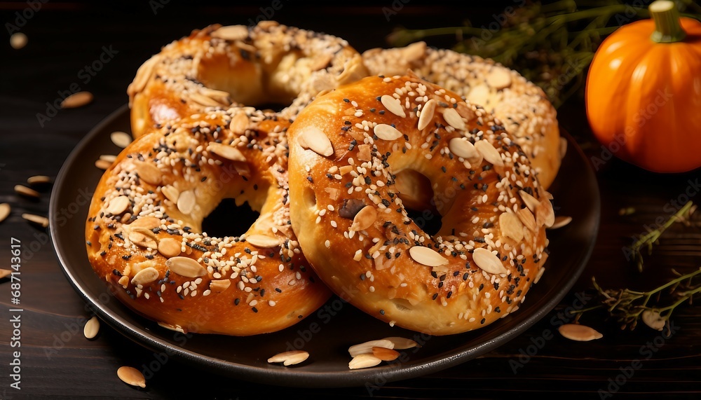 Close up of fresh bagels with cream cheese, Pumpkin bagels with sesame seeds on a wooden background