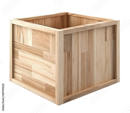 Empty wooden box on a light transparent background. PNG file. Generative artificial intelligence