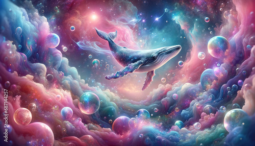 Whales swim in the air amid colorful dust.