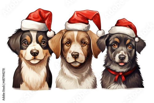 Three adorable dogs wearing Santa hats on a clean white background. Perfect for holiday-themed designs and Christmas promotions © Fotograf
