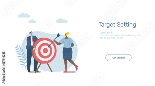 Setting business goals, Business motivation or financial goals, growth, Advertising media design concept, Banner sign. Mobile app. Web template. Team of businessmen holding targets and arrow.