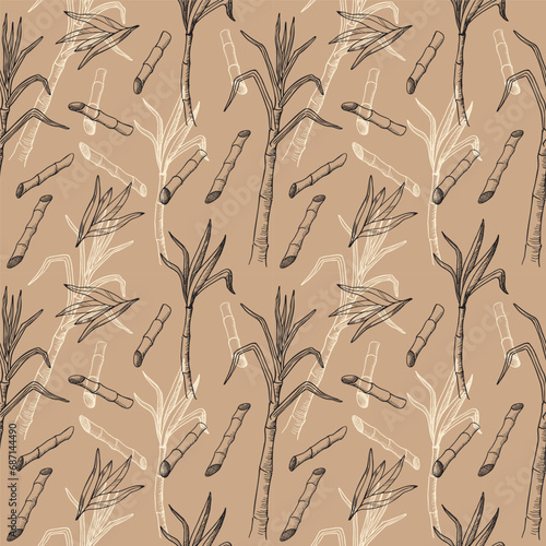 Sugar cane seamless pattern hand drawn vector illustration. Repeating background  sugar plant with engraving for textile, wrapping, paper, print, card, packaging. Saccharose harvest, preparing dessert