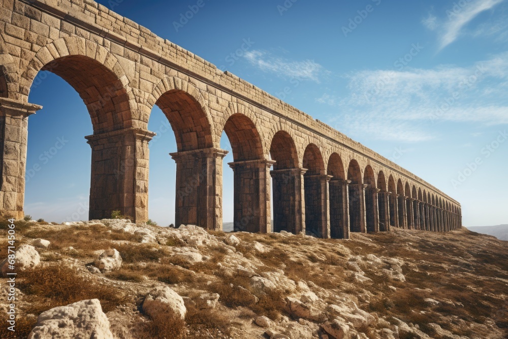 A large stone structure with arches on top of a hill. This picture can be used to depict architectural beauty or historical landmarks.