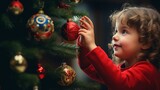 a child in a red top, joyfully hanging a red ornament on a festively decorated Christmas tree.