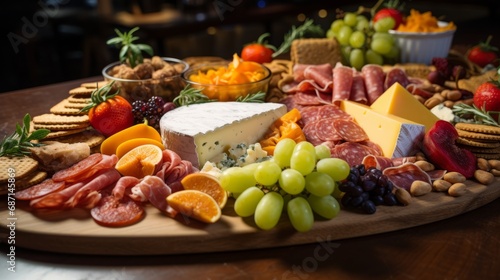 a charcuterie board filled with a variety of meats, cheeses, fruits, and nuts, offering a gourmet spread for entertaining.