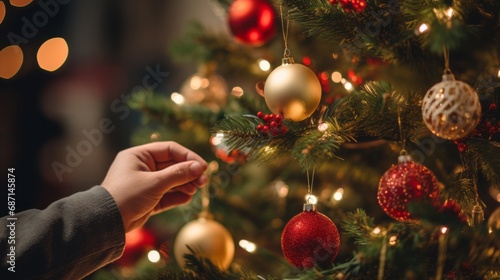 a person’s hand decorating a Christmas tree with red and gold ornaments, creating a festive and warm atmosphere.