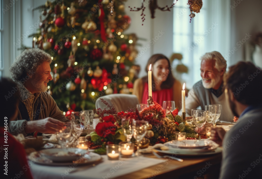 a warm and joyous family Christmas dinner with a beautifully decorated tree and cozy fireplace.