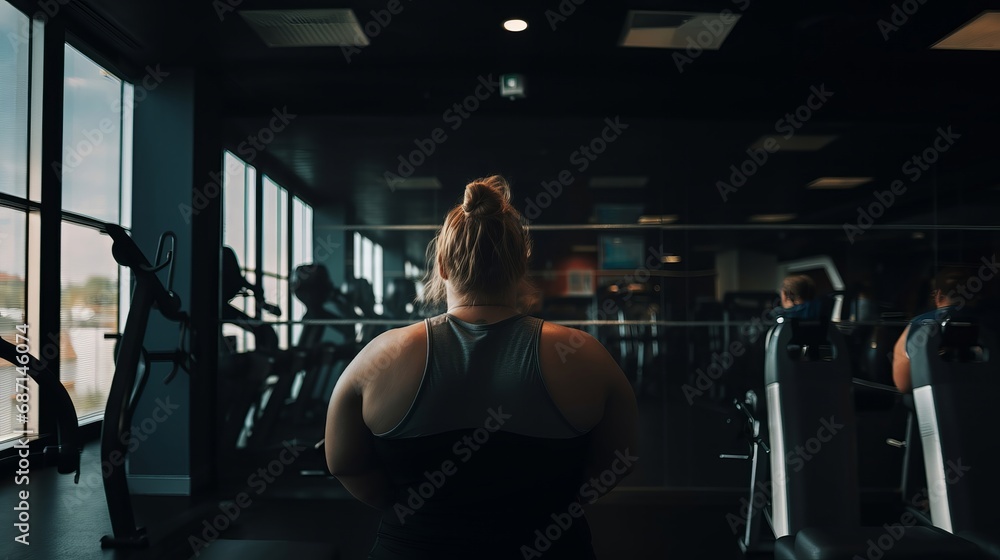 A young overweight woman with excess weight, view from the back, in a gym, looking at exercise equipment. Determination, self-awareness, and a commitment to fitness and well-being. A young overweight woman with excess weight, view from the back, in a gym, looking at exercise equipment. Determination, self-awareness, and a commitment to fitness and well-being.