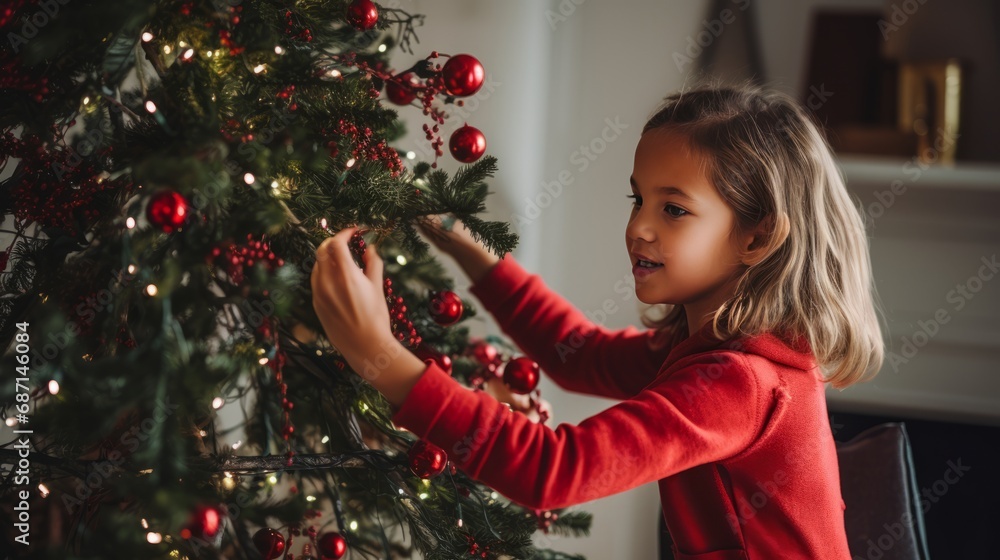 a joyful child in a red sweater, decorating a Christmas tree with red ornaments. a joyful child in a red sweater, decorating a Christmas tree with red ornaments.