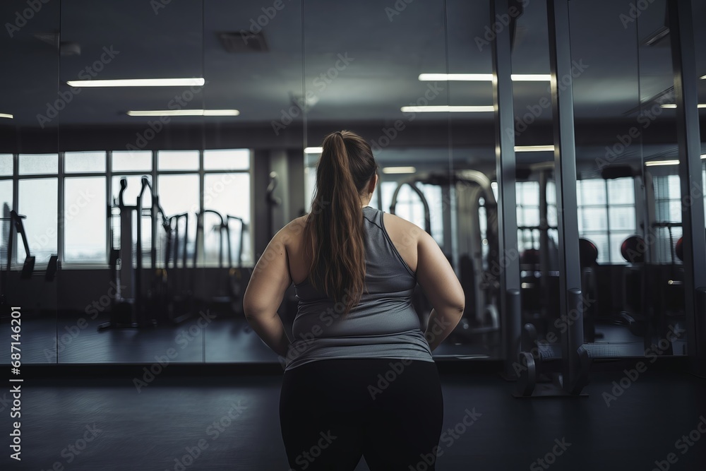 A young overweight woman with excess weight, view from the back, in a gym, looking at exercise equipment. Determination, self-awareness, and a commitment to fitness and well-being. A young overweight woman with excess weight, view from the back, in a gym, looking at exercise equipment. Determination, self-awareness, and a commitment to fitness and well-being.