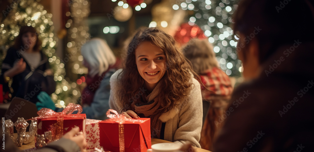 a group of people joyfully exchanging gifts at a Christmas party. a group of people joyfully exchanging gifts at a Christmas party.