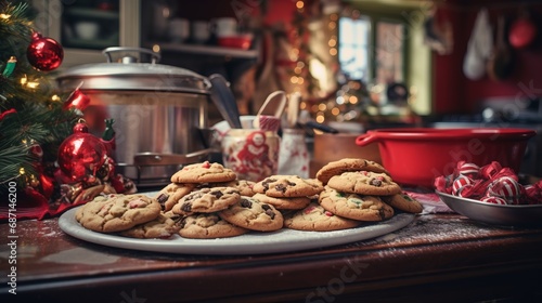 a plate of freshly baked cookies on a kitchen counter, with Christmas decorations creating a warm, festive atmosphere.
