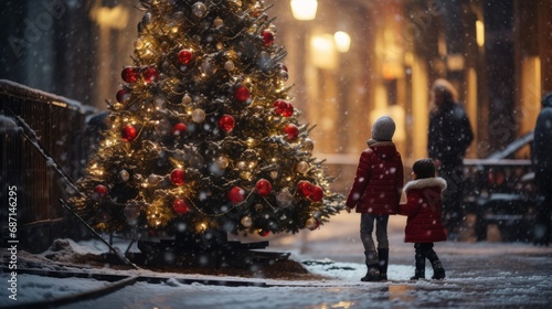  a magical Christmas scene with a beautifully lit tree on a snowy street, admired by two children in awe.