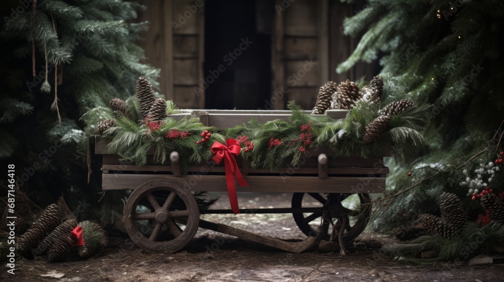 a rustic wooden wagon adorned with pine cones, greenery, and a red bow, situated in a Christmas tree farm.