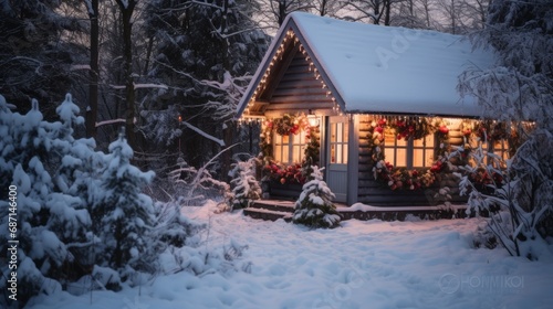 log cabin nestled in a snow-covered forest  adorned with Christmas lights and wreaths.