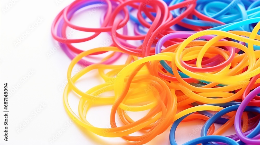 Colorful rubber bands on white background.