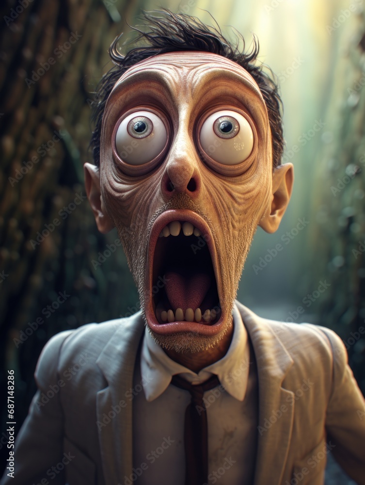 a man with big eyes looking scared in front of him, mouth wide open ...