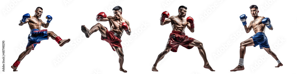Set of Muay Thai Fighters in Action on Transparent Background Set of Muay Thai Fighters in Action on Transparent Background