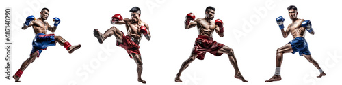Set of Muay Thai Fighters in Action on Transparent Background