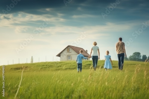 Family with child, view from the back, strolling and walking in a green field. Family bonding, outdoor leisure, and joy of spending quality time together in nature.