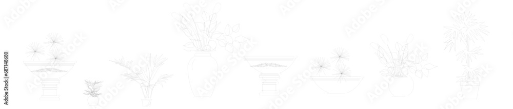 set of vector illustrations of plants and ornamental plants for interior decoration in pot and vases drawn with black lines suitable for libraries of architecture and interior design students - obrazy, fototapety, plakaty 