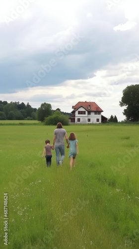Family with child, view from the back, strolling and walking in a green field. Family bonding, outdoor leisure, and joy of spending quality time together in nature. © Ilia