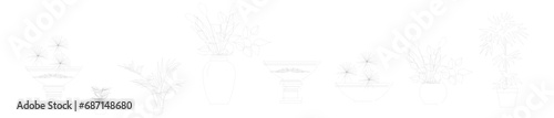 set of vector illustrations of plants and ornamental plants for interior decoration in pot and vases drawn with black lines suitable for libraries of architecture and interior design students