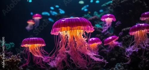 jelly fish in the aquarium. A mesmerizing neon jellyfish glows in the depths of a dark aquarium, its tendrils pulsing with vibrant colors