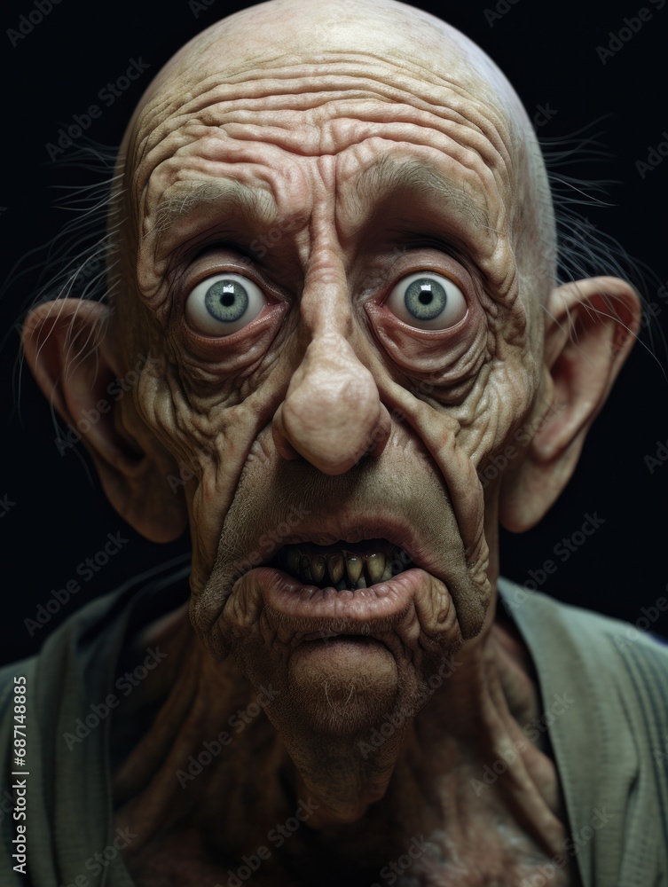 a old wrinkled with big eyes looking scared in front of him, mouth wide open. Generative AI a old wrinkled with big eyes looking scared in front of him, mouth wide open. Generative AI
