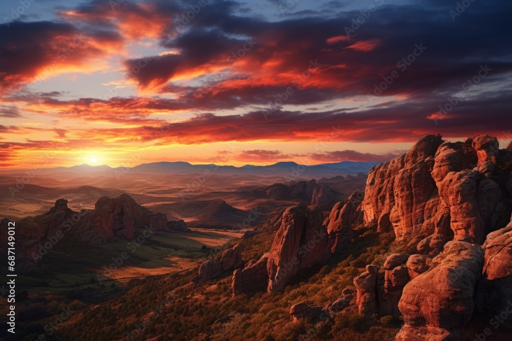A beautiful sunset with vibrant colors illuminating the mountain range. Perfect for travel and nature-themed projects
