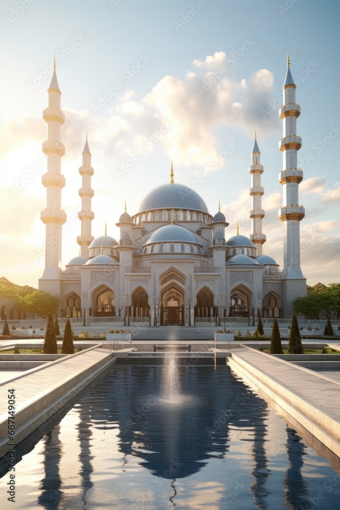 Obraz premium A large white building with a beautiful fountain in front of it. This image can be used to depict architecture, landmarks, or outdoor spaces with water features