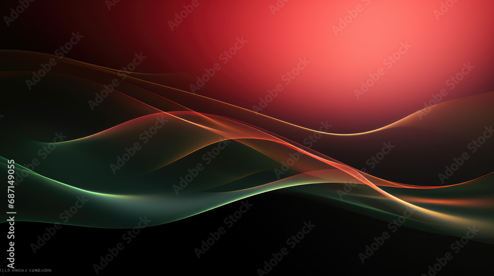 Fototapeta premium Smooth green, red and black waves flow in a tranquil purple background, abstract design with a vibrant gradient.