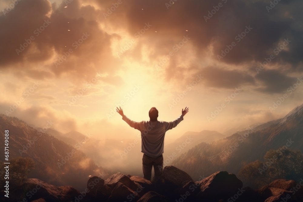 A man is standing on top of a rocky hill. This image can be used to depict determination, success, adventure, or conquering challenges