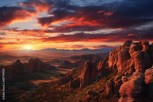 A beautiful sunset with vibrant colors illuminating the mountain range. Perfect for travel and nature-themed projects