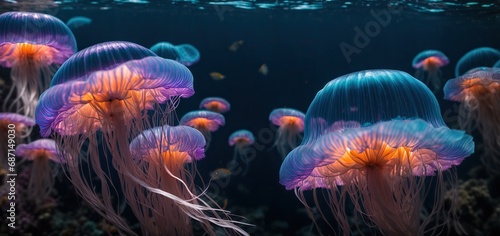 jelly fish in the aquarium. a bioluminescent jellyfish as it illuminates the darkness of the underwater world, creating a truly mesmerizing sight 