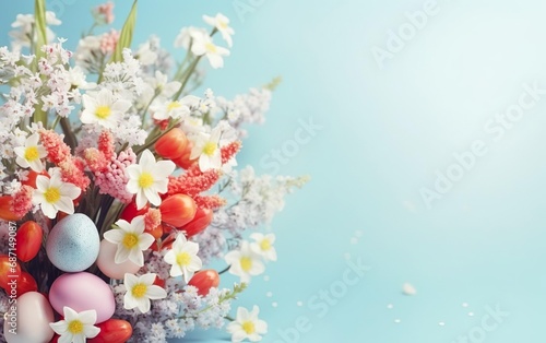 Happy Easter poster with bouquet of fake flowers with eggs isolated on light blue background, copy space. Floral illustration, pastel colors. Spring design for posters, greeting cards. AI Generative.