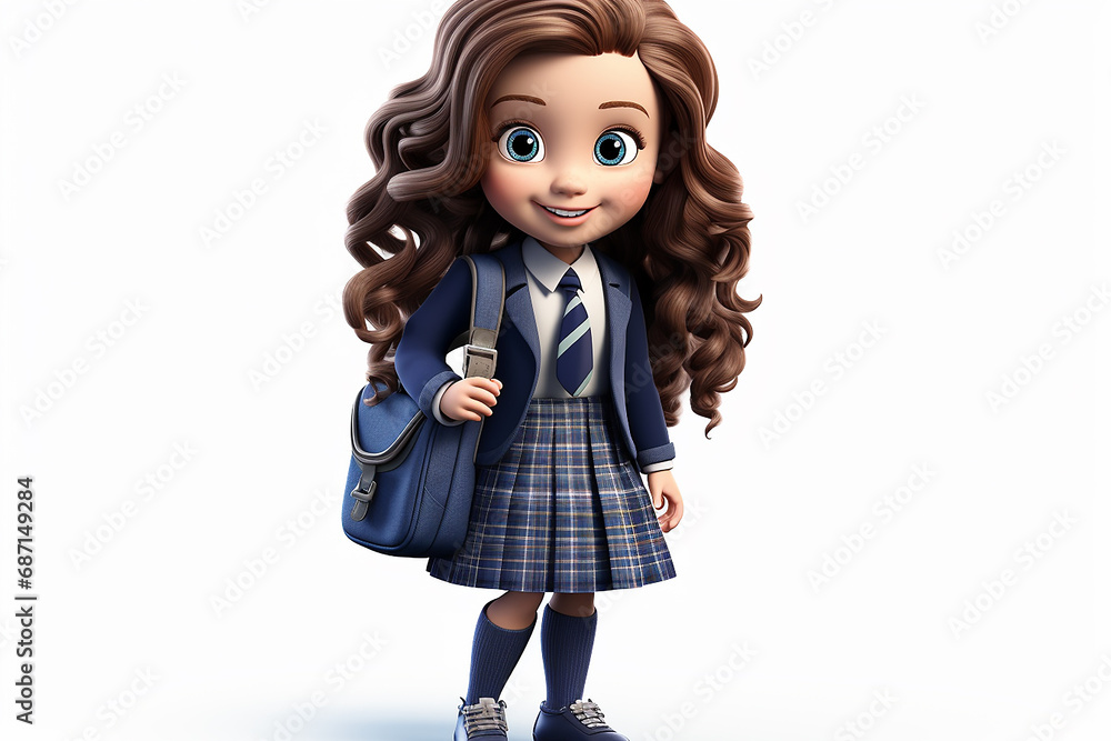 3D rendering of a cartoon schoolgirl girl with a backpack on an isolated white background 3D rendering of a cartoon schoolgirl girl with a backpack on an isolated white background