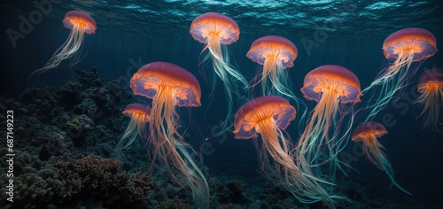 jelly fish in the aquarium.Dive into a mesmerizing world of light and color as a bioluminescent jellyfish illuminates the mysterious depths of the ocean