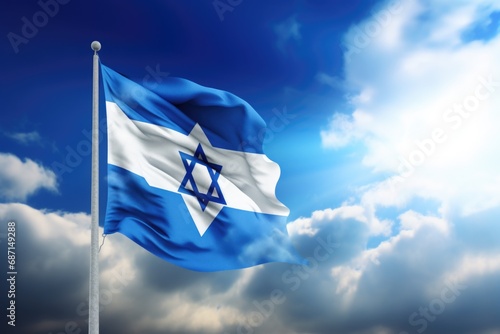 The image depicts the Israeli flag proudly flying high in the sky. This picture can be used to showcase patriotism, national pride, or to represent Israel in various contexts
