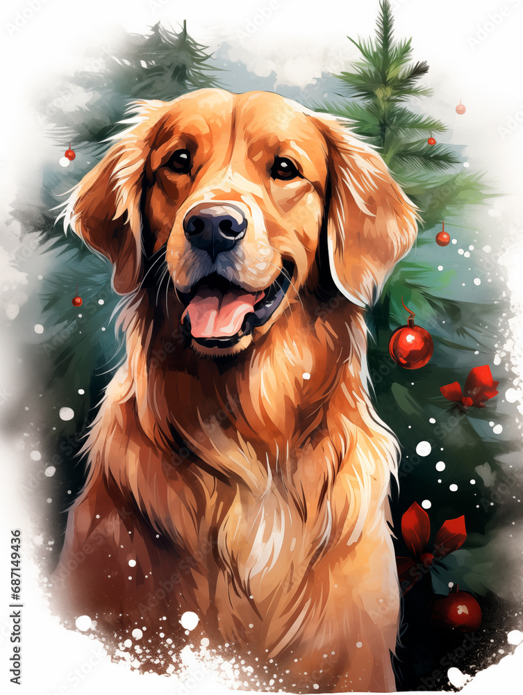 Greeting card golden retriever wearing Christmas hat sitting at a christmas tree and gifts, watercolour  style