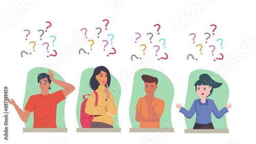Group of people asking questions character animation. Confused guys and girls trying to solve problem. Indecision and uncertainty. Confusion and mental impasse.  photo