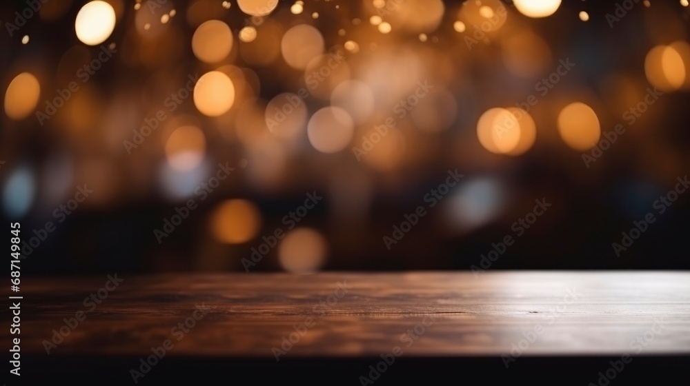 Wooden table on a blurred background of bokeh lights of a night city, cafe, restaurant. Empty table for your product presentation, mockup