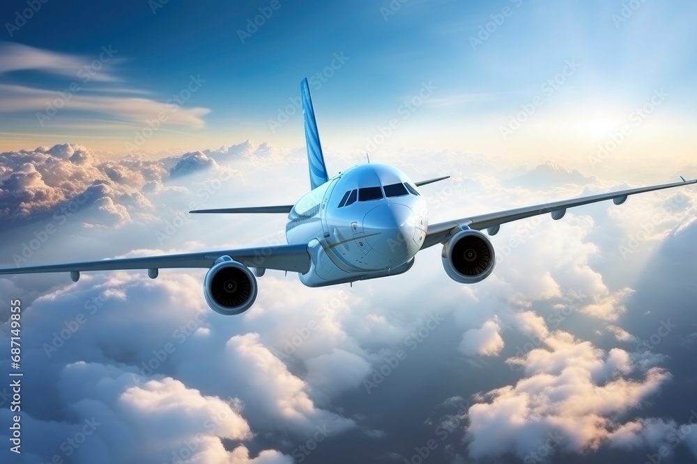 White passenger plane flies against a background of blue sky with clouds. Air transport concept, transportation of people, travel, business