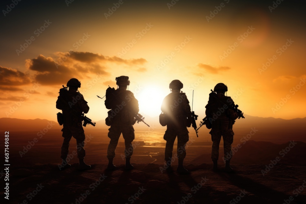 A group of soldiers standing on top of a mountain. This image can be used to depict unity, strength, and determination. Suitable for military themes, teamwork, and leadership concepts
