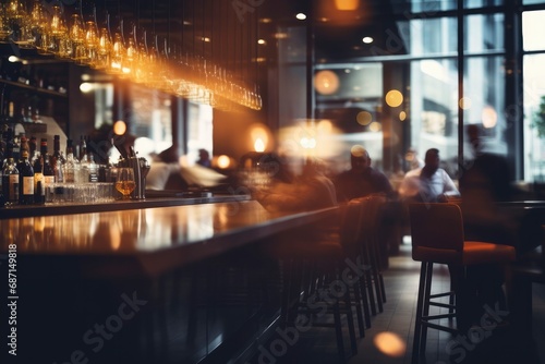 Blurred background of a cafe, restaurant, coffee shop, bar. Tables and chairs, bar counter, modern lamps, people in the room, evening lighting. Background for your design, advertising