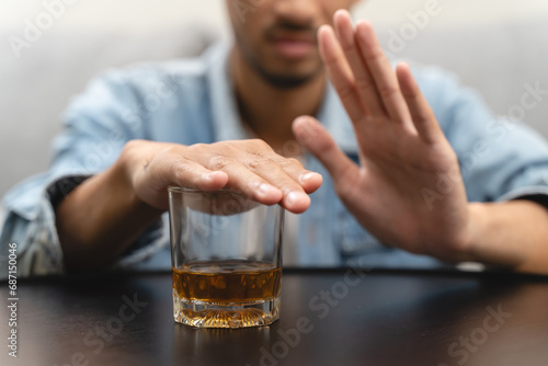 Stop alcohol concept. Person refuse to drink alcohol. photo