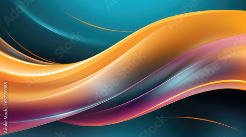 Abstract pink, purple, golden yellow and blue waves flowing in a sleek and modern design. Modern abstract dark background useful for technical presentations.  photo