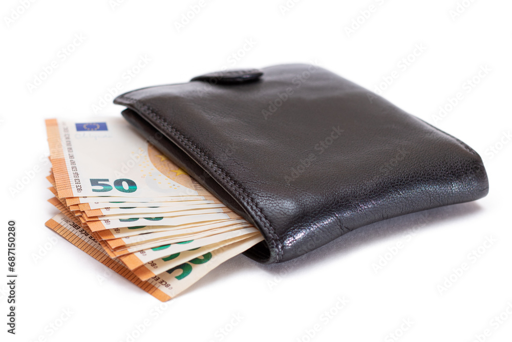 Black Leather Men Wallet with Fifty Euro Banknotes Inside - Isolated on White Background. A Purse Full of Money Symbolizing Wealth, Success and Social Status - Isolation Black Leather Men Wallet with Fifty Euro Banknotes Inside - Isolated on White Background. A Purse Full of Money Symbolizing Wealth, Success and Social Status - Isolation
