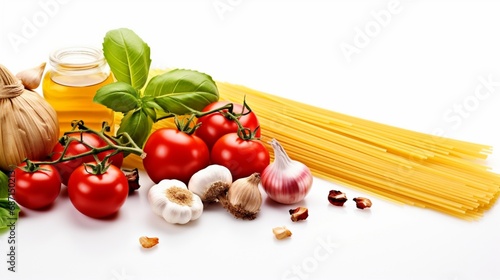  food ingredients for cooking Spaghetti Pasta. Raw spaghetti pasta with various ingredient - onion, tomatoes, garlic, basil, parsley, cheese, olive oil. 
