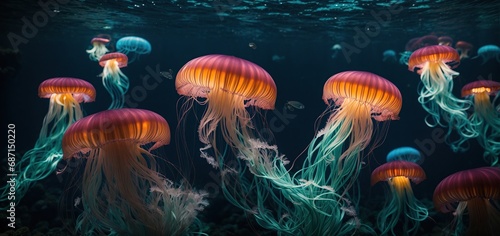 jelly fish in the aquarium.a bioluminescent jellyfish illuminating a dark underwater scene